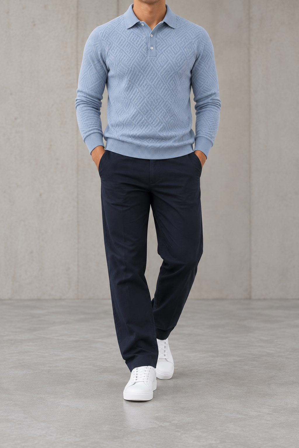 Polo jacquard de hombre manga larga azul plateado - frontal