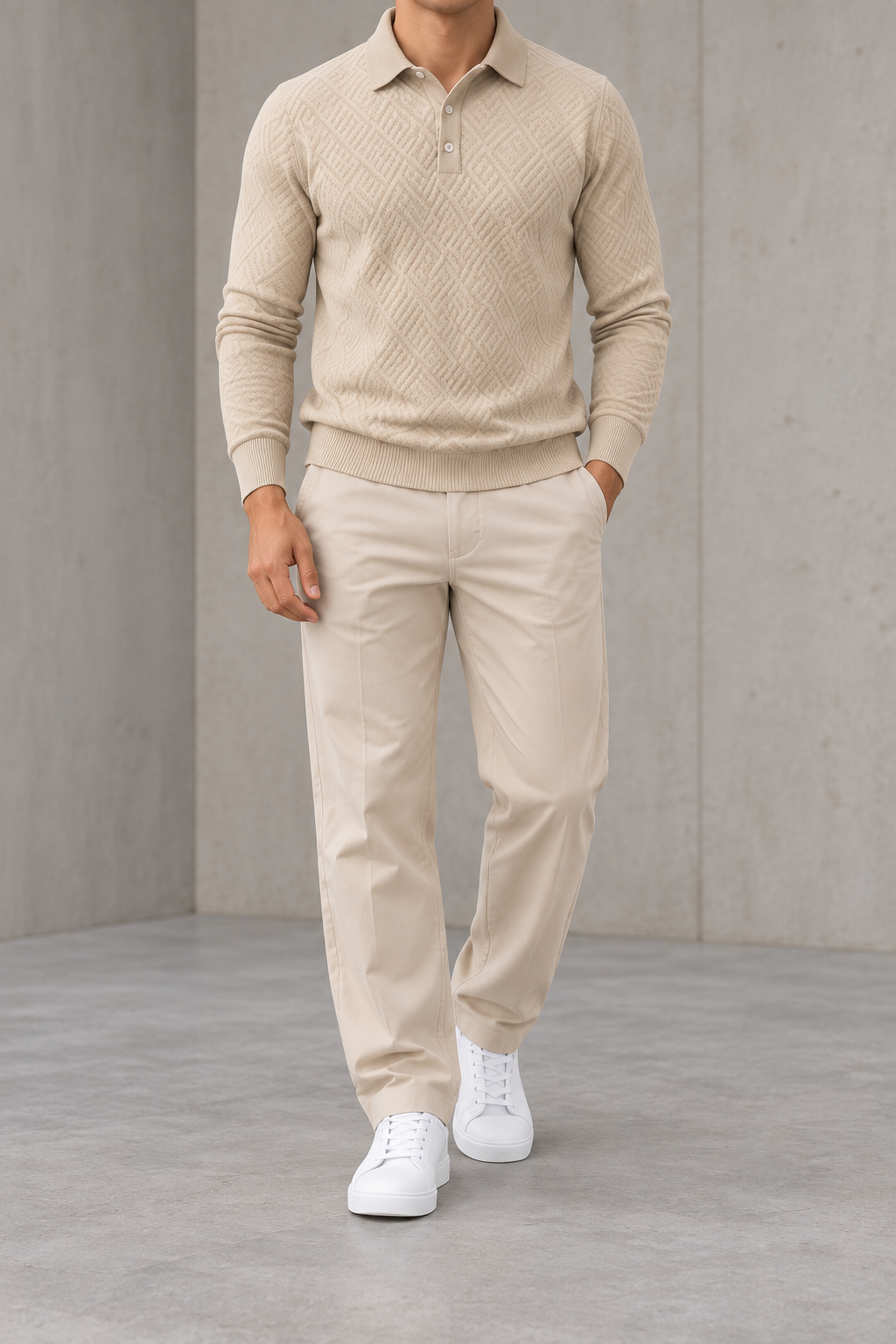 Polo jacquard de hombre manga larga beige - frontal