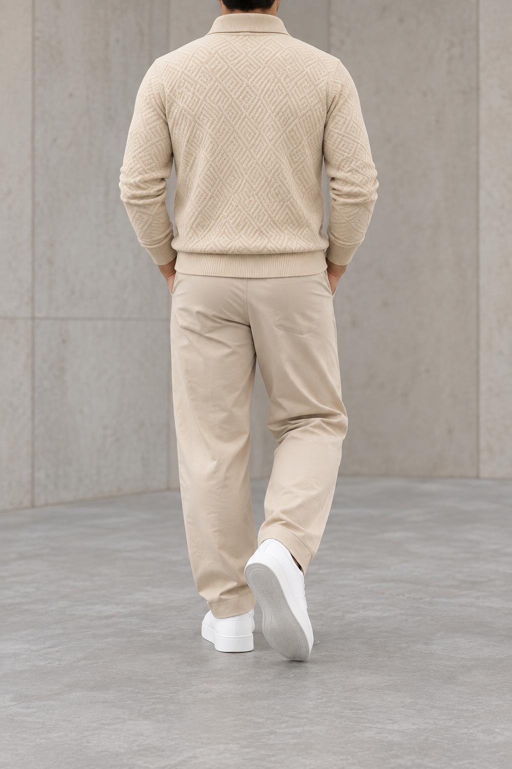 Polo jacquard de hombre manga larga beige - trasera