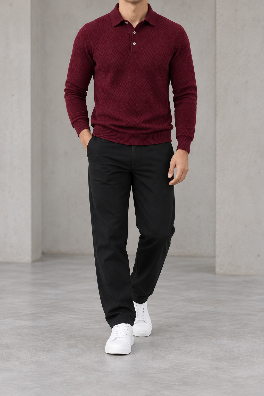 Polo jacquard de hombre manga larga burdeos - frontal