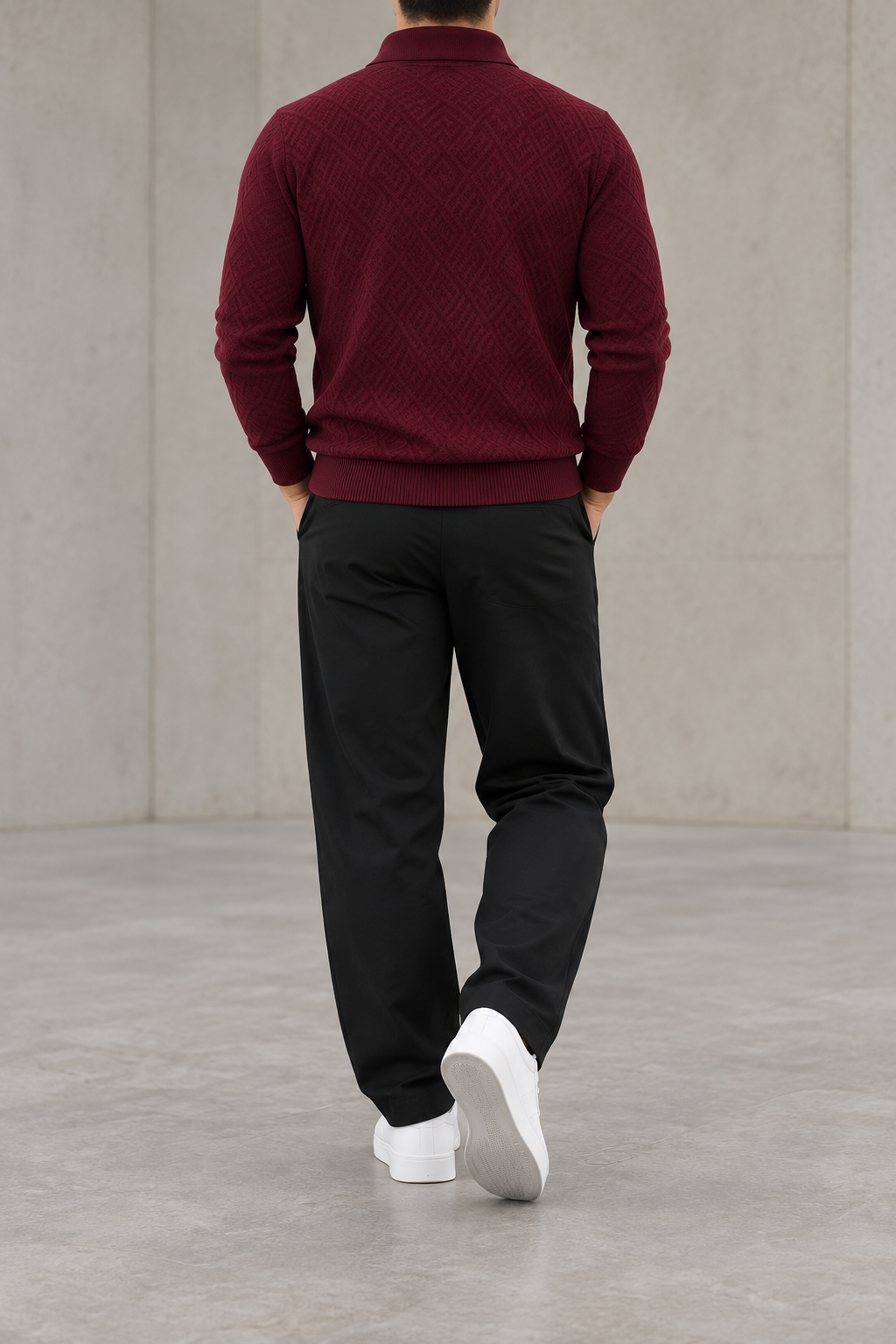Polo jacquard de hombre manga larga burdeos - trasera