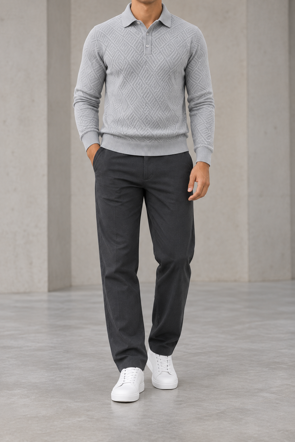 Polo jacquard de hombre manga larga gris claro - frontal