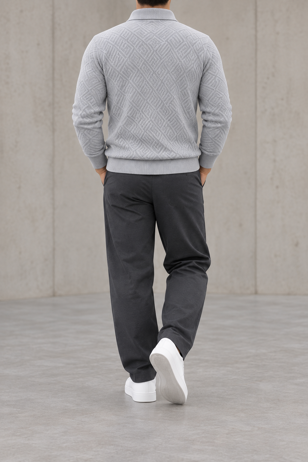 Polo jacquard de hombre manga larga gris claro - trasera