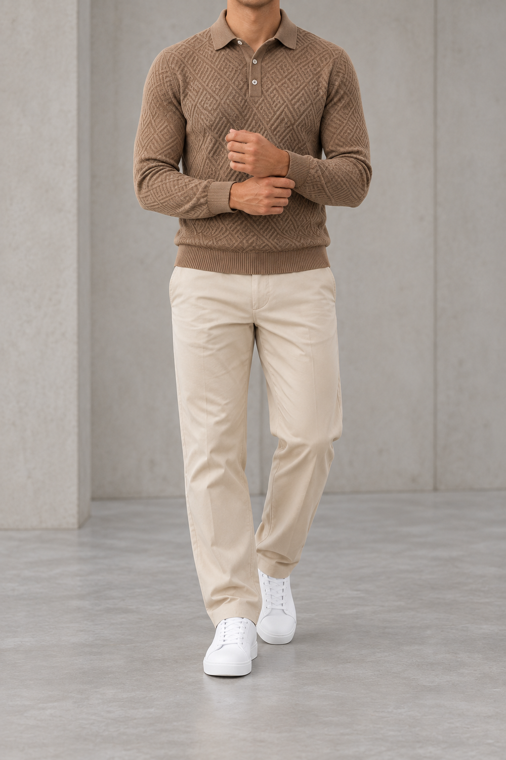 Polo jacquard de hombre manga larga marrón claro - frontal