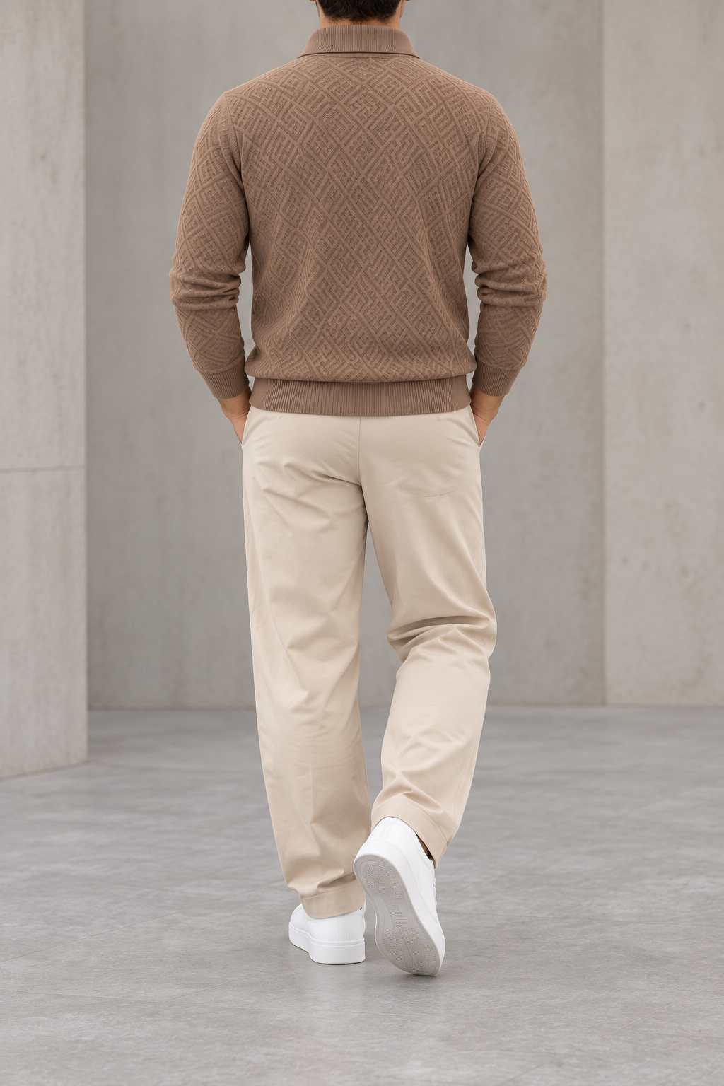 Polo jacquard de hombre manga larga marrón claro - trasera