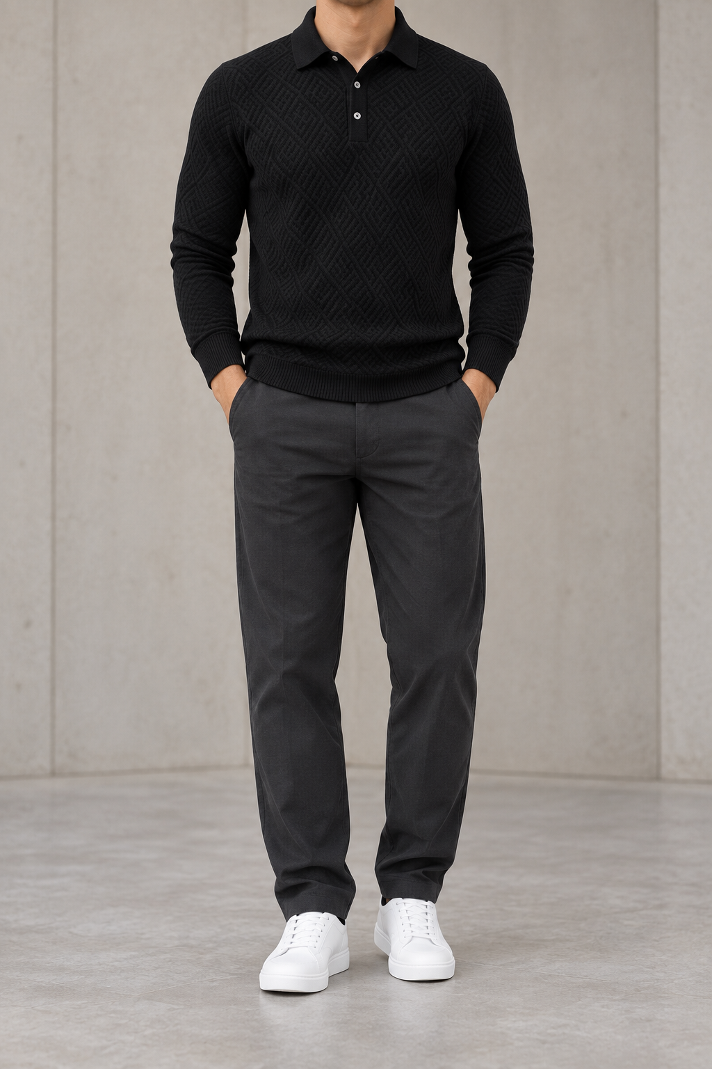 Polo jacquard de hombre manga larga negro - frontal