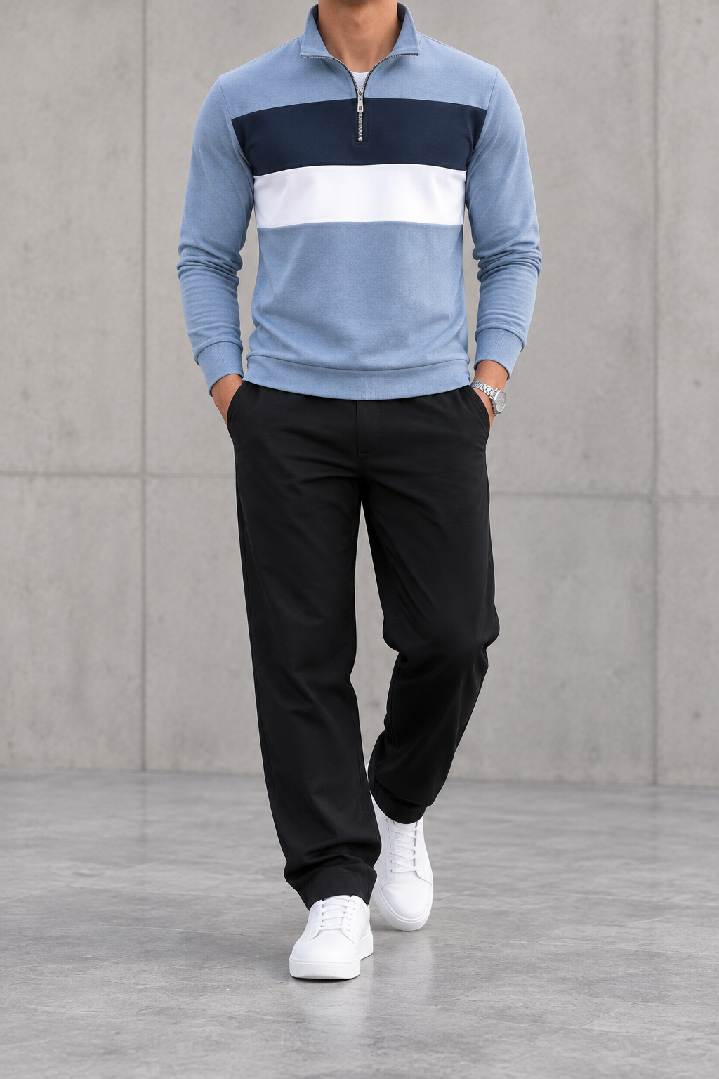 Polo de hombre media cremallera color block azul plateado - frontal