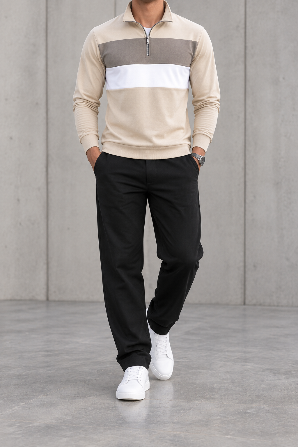 Polo de hombre media cremallera color block beige - frontal