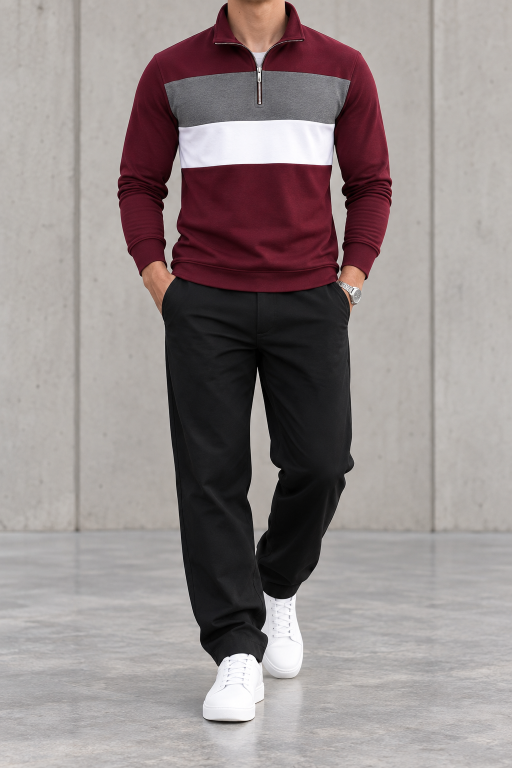 Polo de hombre media cremallera color block burdeos - frontal