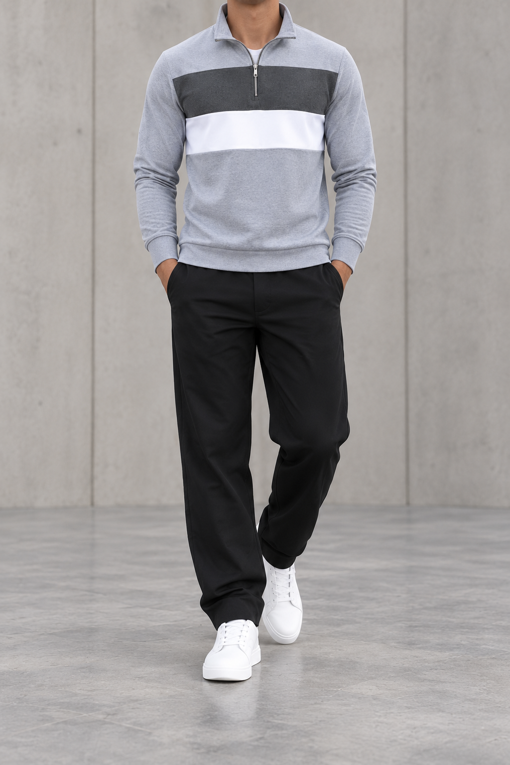 Polo de hombre media cremallera color block gris claro - frontal