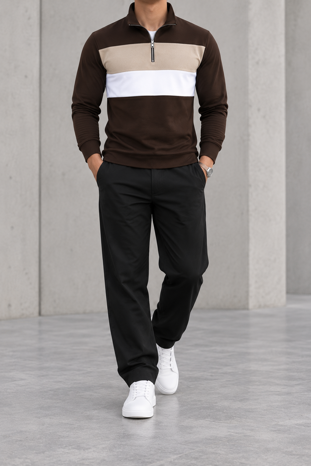 Polo de hombre media cremallera color block marrón chocolate - frontal