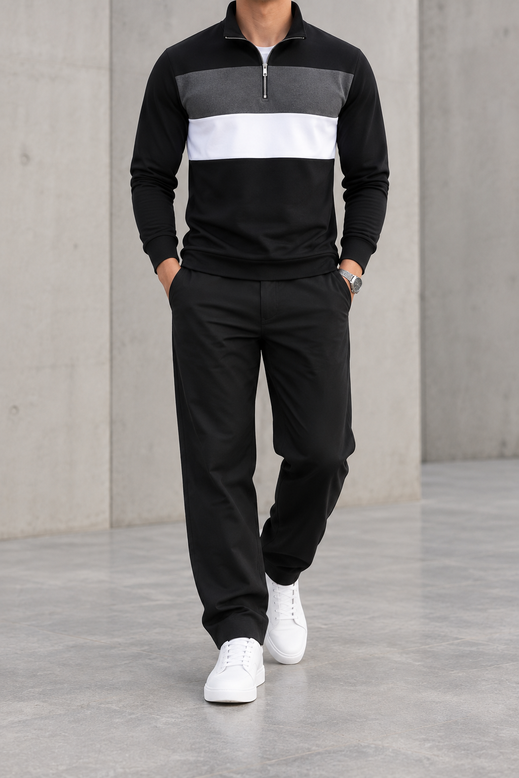 Polo de hombre media cremallera color block negro - frontal