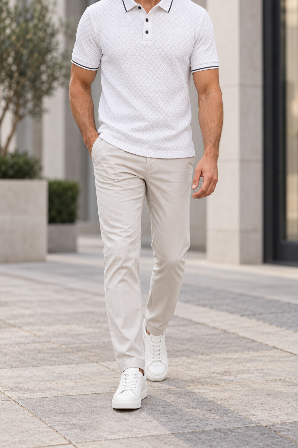 Polo Texturizado Hombre - Blanco frontal