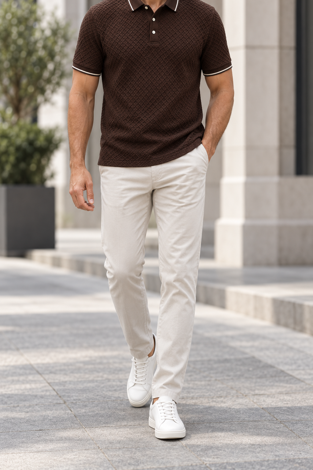 Polo Texturizado Hombre - Marrón chocolate frontal