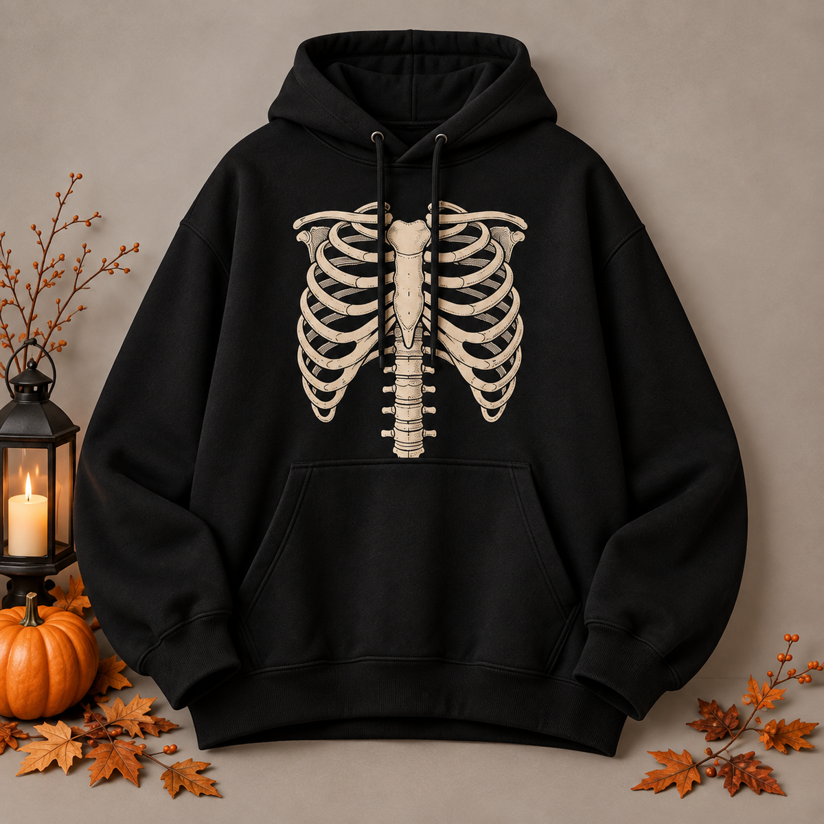 Sudadera negra de esqueleto Halloween, frontal