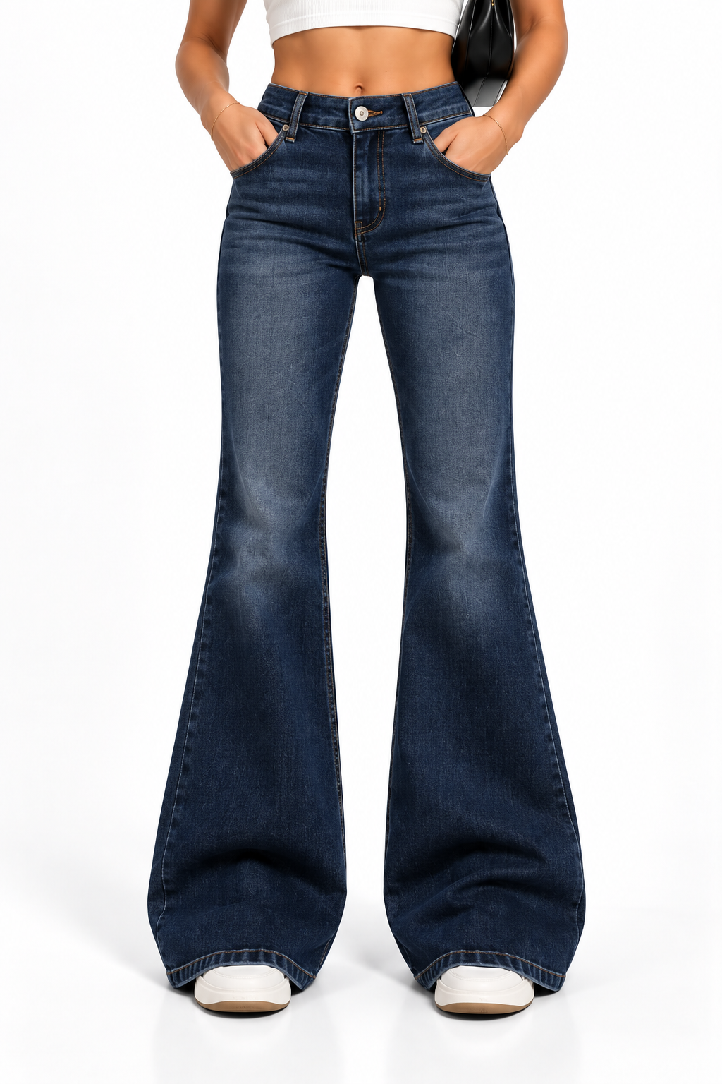 Pantalón vaquero de campana moderno azul índigo de mujer, vista frontal