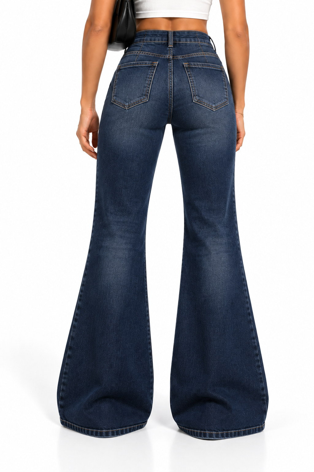 Pantalón vaquero de campana moderno azul índigo de mujer, vista trasera