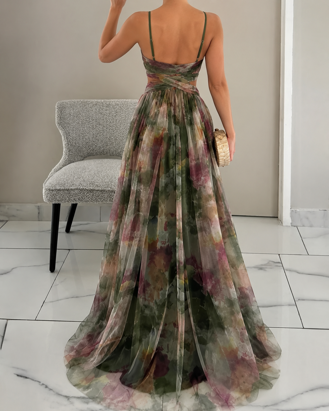 Vestido Largo Floral Cruzado Boho Bosque Nocturno - vista trasera