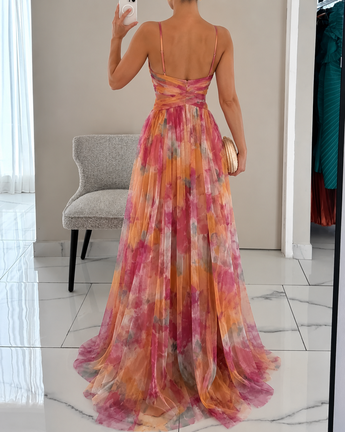 Vestido Largo Floral Cruzado Boho Coral Sunset - vista trasera