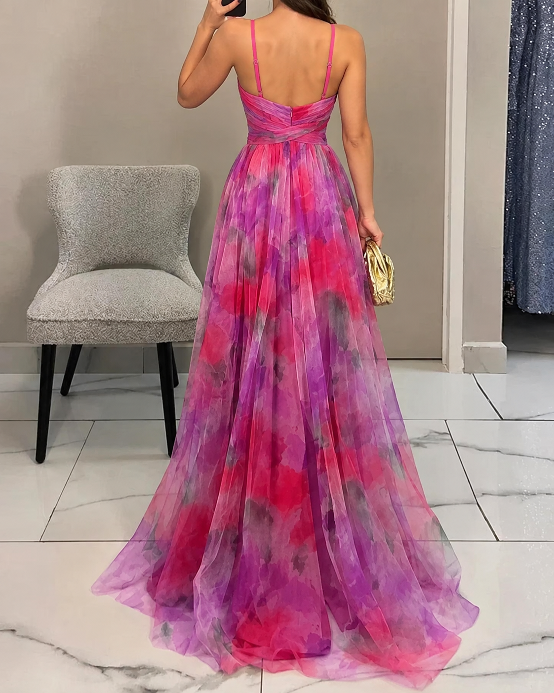 Vestido Largo Floral Cruzado Boho Fucsia Vibrante - vista trasera