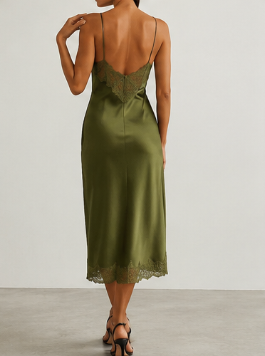 Vestido Lencero Satinado Verde Oliva - vista trasera
