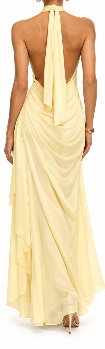 Vestido Maxi Halter Drapeado amarillo claro trasera