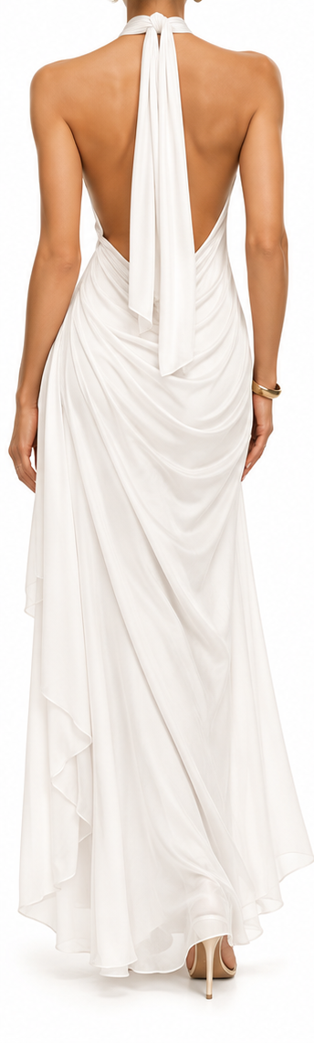 Vestido Maxi Halter Drapeado blanco trasera