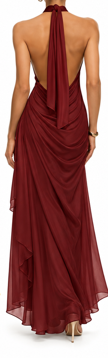 Vestido Maxi Halter Drapeado burdeos trasera