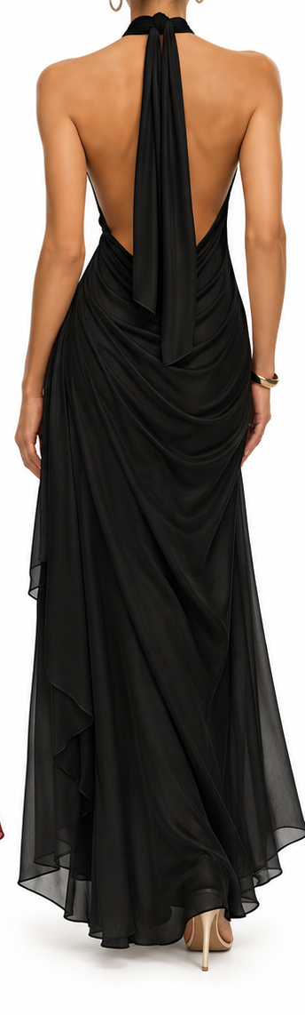 Vestido Maxi Halter Drapeado negro trasera