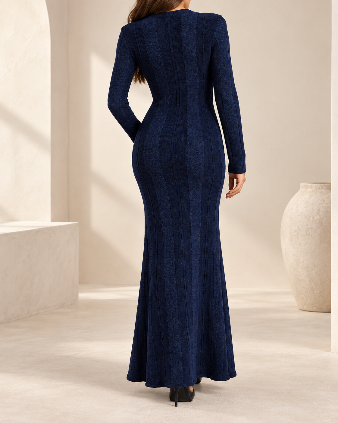 Vestido Maxi de Punto Acanalado azul media noche trasera