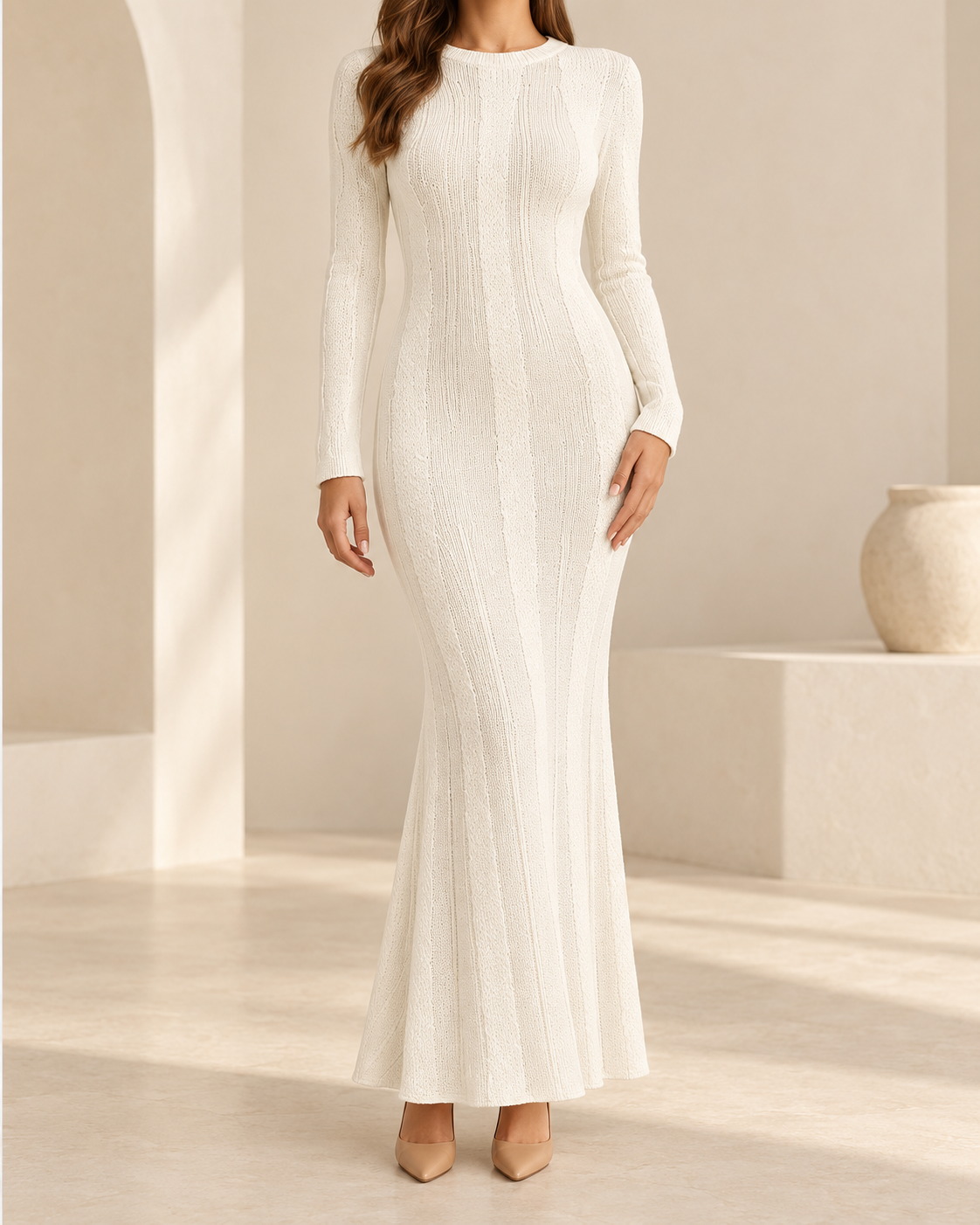 Vestido Maxi de Punto Acanalado blanco frontal