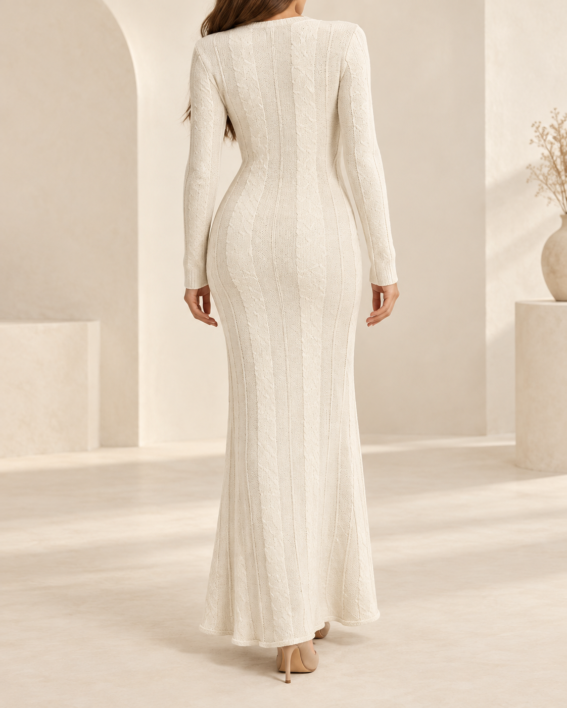 Vestido Maxi de Punto Acanalado blanco trasera