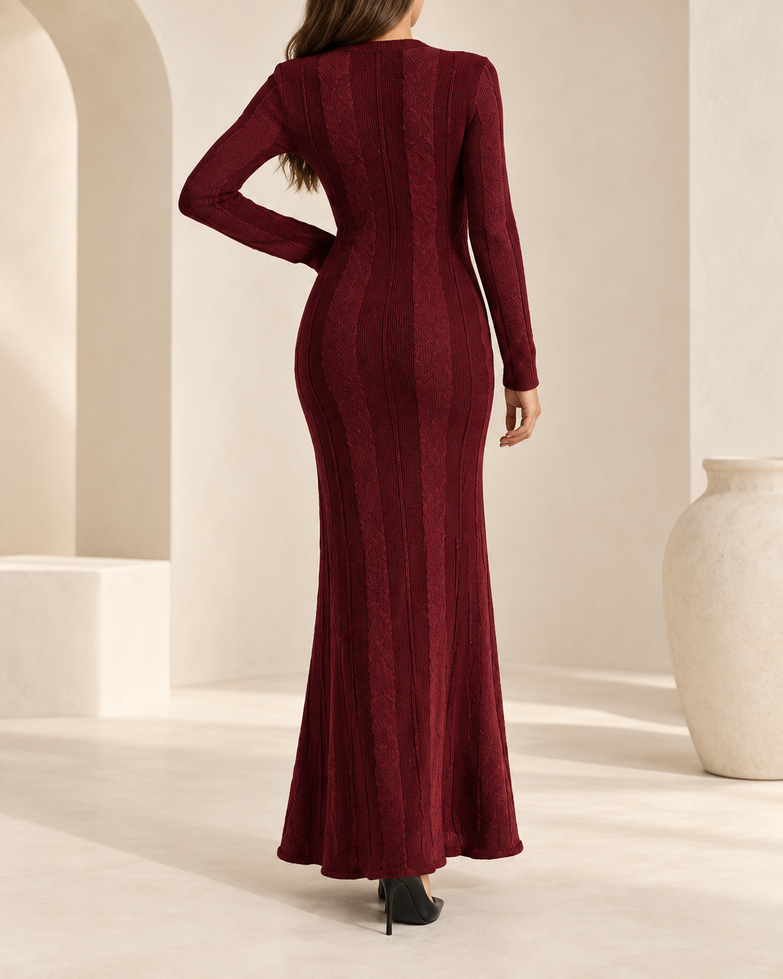 Vestido Maxi de Punto Acanalado burdeos trasera