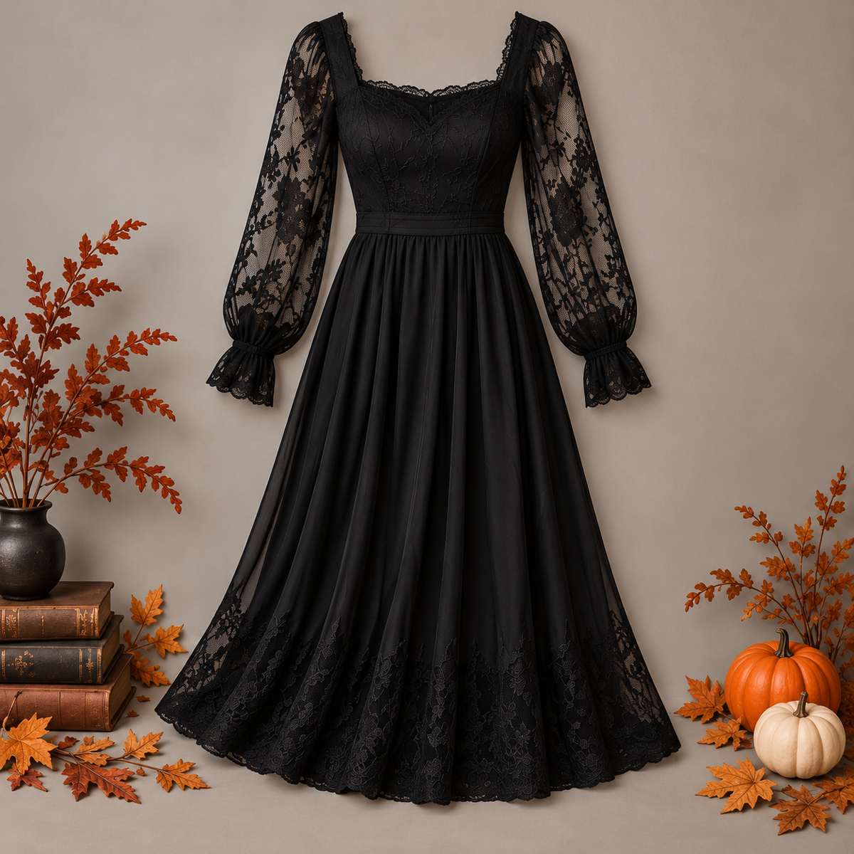 Vestido negro de encaje Halloween, frontal