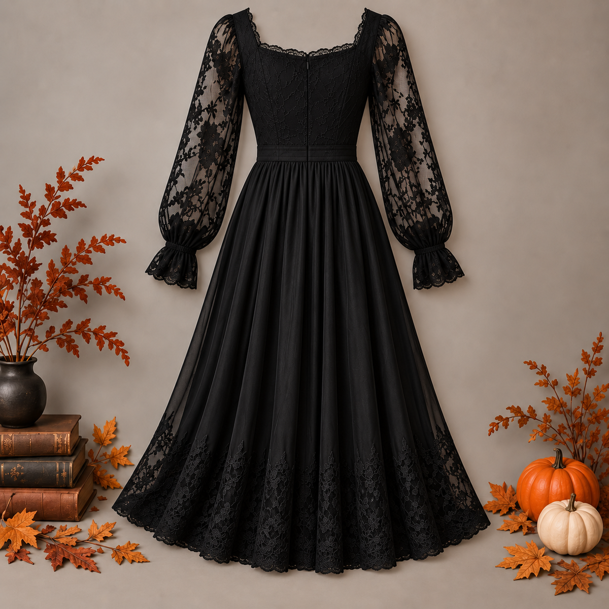 Vestido negro de encaje Halloween, trasera