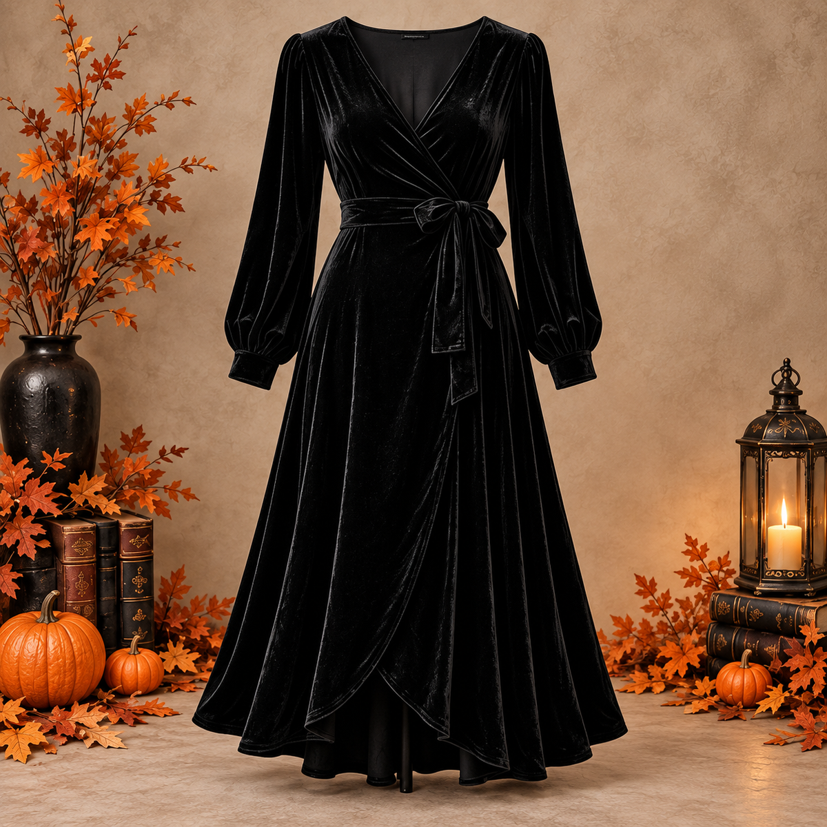 Vestido cruzado de terciopelo negro Halloween, frontal