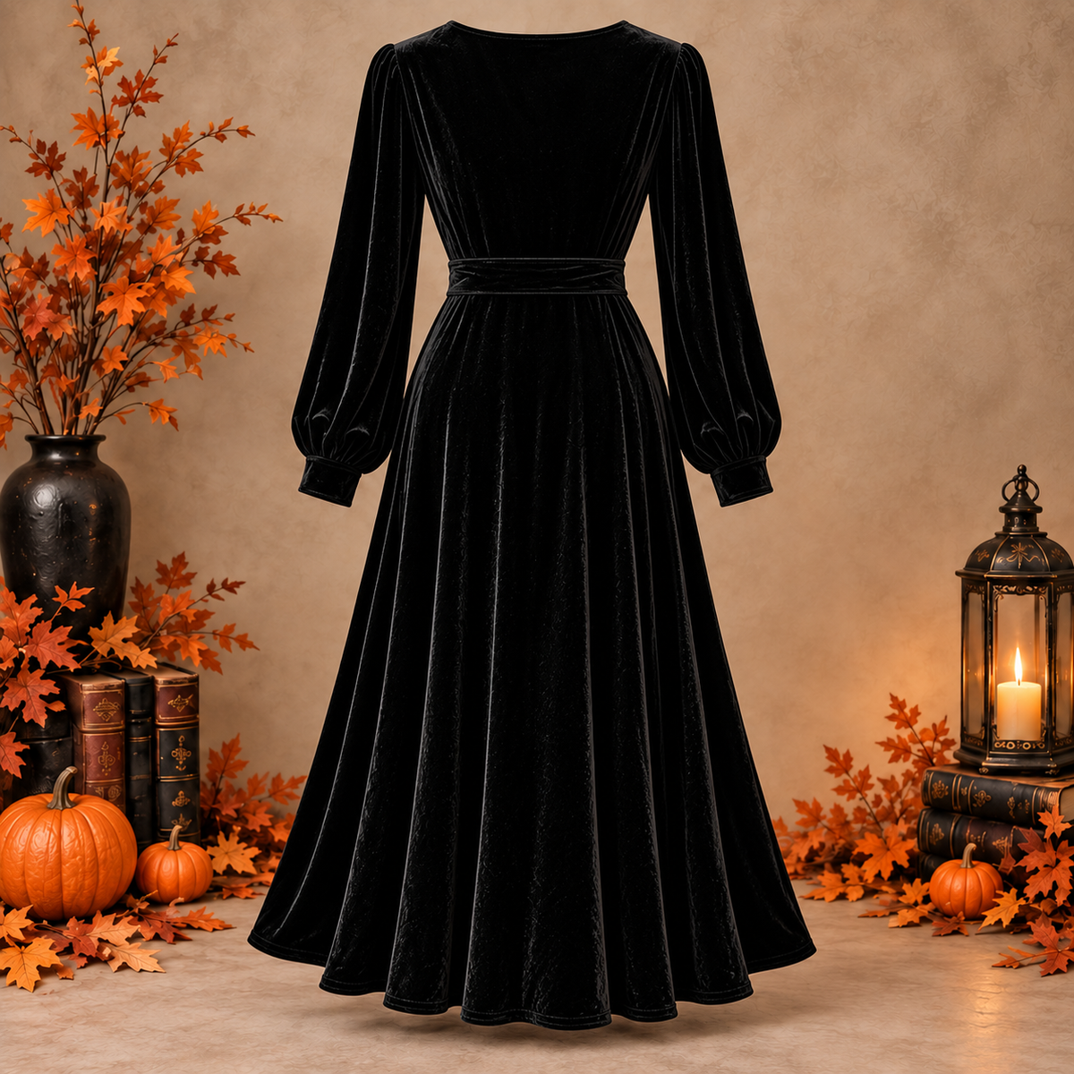 Vestido cruzado de terciopelo negro Halloween, trasera