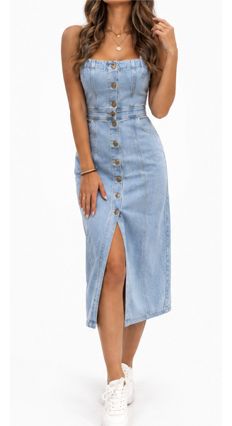 Vestido Vaquero Midi azul claro - frontal