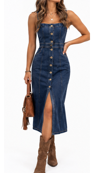 Vestido Vaquero Midi azul oscuro - frontal