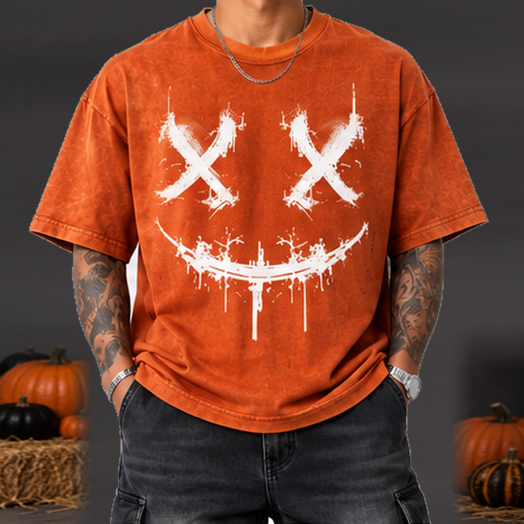 Camiseta X Sonrisa Halloween Hombre Naranja oscuro gastado frontal